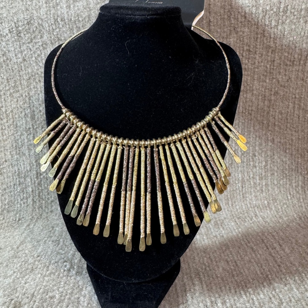 Tanya Creations Fringe Statement Necklace OS Gold Tone Thread Wrapped Bib Boho